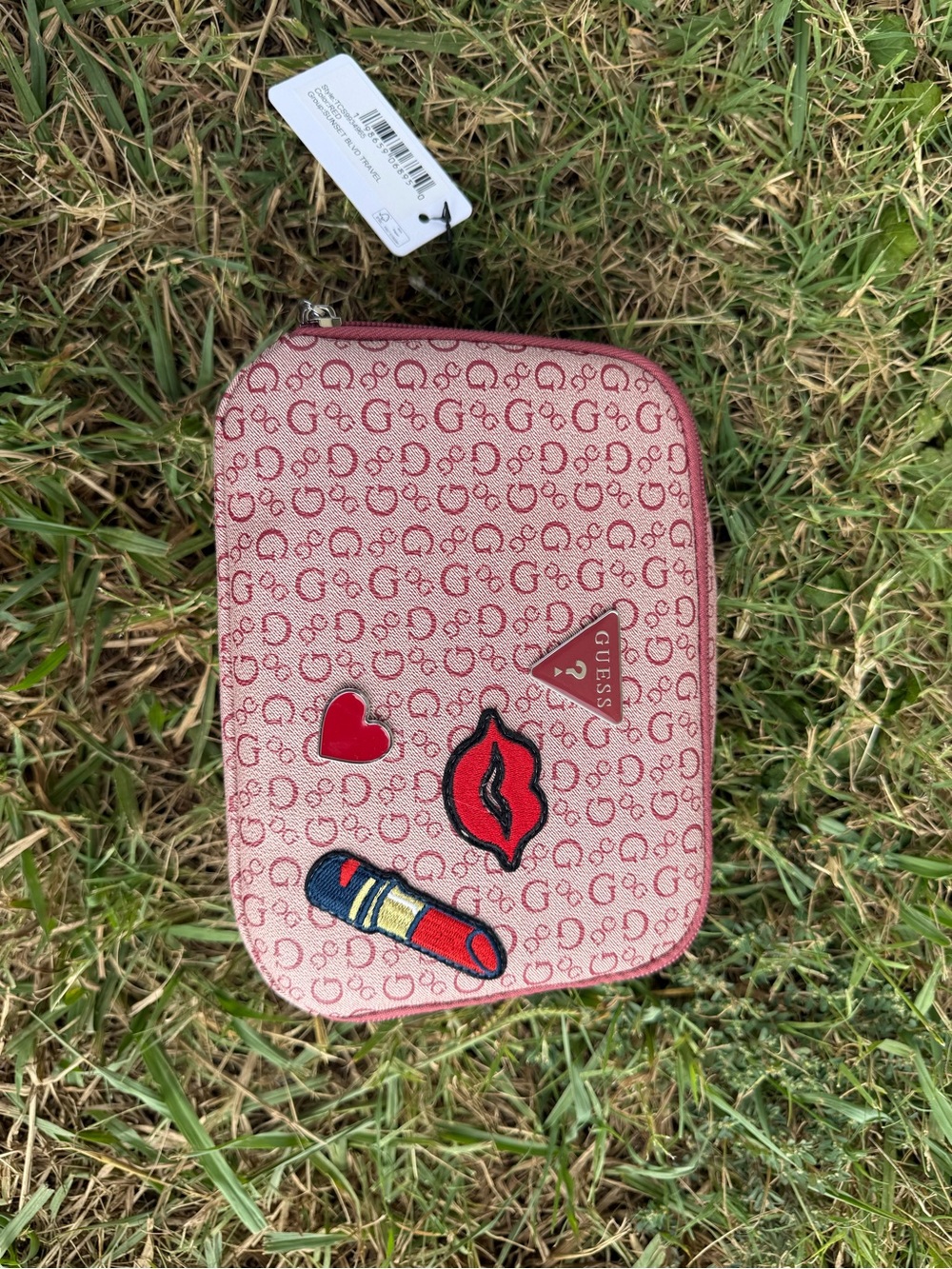 Guess Pink Logo Patch Cosmetic Pouch with Lipstick & Heart Motifs